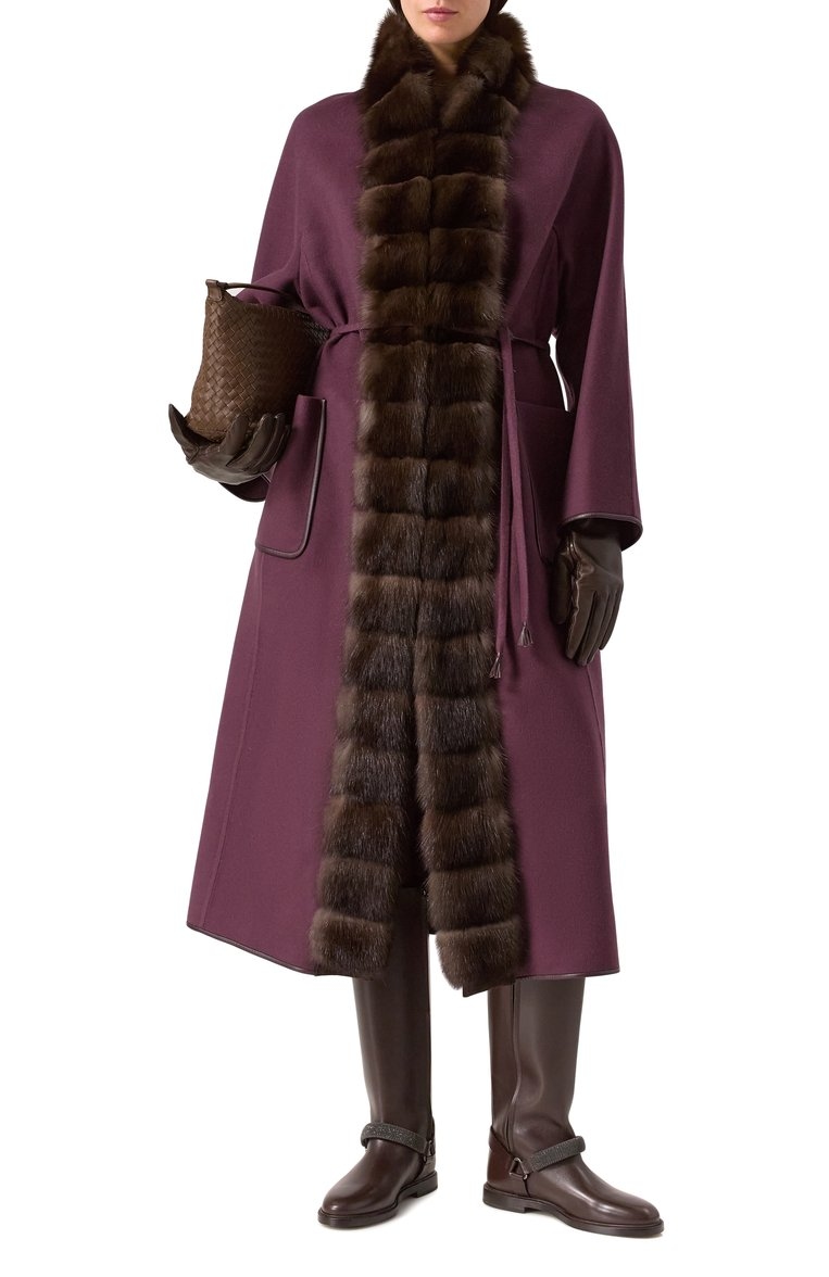 Кашемировое пальто с отделкой из меха соболя фиолетовое